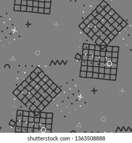 Modern Memphis Texture. Seamless Background for Wallpaper, Calico, Textile in Trendy Style. Colorful Geometric Pattern with Hand Drawn Scribble Elements. Colorful Triangles, Rings, Zigzags and Dots.