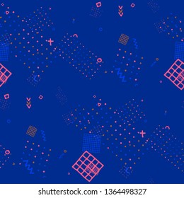 Modern Memphis Texture. Seamless Background for Card, Poster, Cover in Trendy Style. Bright Geometric Pattern with Hand Drawn Scribble Elements. Colorful Triangles, Rings, Zigzags and Dots.