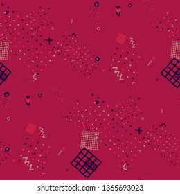 Modern Memphis Texture. Seamless Background for Banner, Poster, Cover in Trendy Style. Bright Geometric Pattern with Hand Drawn Scribble Elements. Colorful Triangles, Rings, Zigzags and Dots.