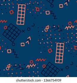 Modern Memphis Texture. Seamless Background for Wallpaper, Fabric, Swimwear in Trendy Style. Bright Geometric Pattern with Hand Drawn Scribble Elements. Colorful Triangles, Rings, Zigzags and Dots.