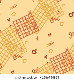 Modern Memphis Texture. Seamless Background for Wallpaper, Cotton, Swimwear in Trendy Style. Bright Geometric Pattern with Hand Drawn Scribble Elements. Colorful Triangles, Rings, Zigzags and Dots.