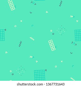 Modern Memphis Texture. Seamless Background for Wallpaper, Print, Textile in Trendy Style. Bright Geometric Pattern with Hand Drawn Scribble Elements. Colorful Triangles, Rings, Zigzags and Dots.