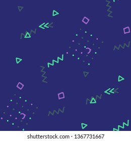 Modern Memphis Texture. Seamless Background for Wallpaper, Fabric, Swimwear in Trendy Style. Colorful Geometric Pattern with Hand Drawn Scribble Elements. Colorful Triangles, Rings, Zigzags and Dots.