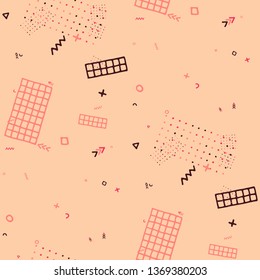 Modern Memphis Texture. Seamless Background for Wallpaper, Print, Textile in Trendy Style. Colorful Geometric Pattern with Hand Drawn Scribble Elements. Colorful Triangles, Rings, Zigzags and Dots.