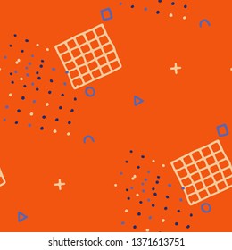 Modern Memphis Texture. Seamless Background for Wallpaper, Calico, Fabric in Trendy Style. Colorful Geometric Pattern with Hand Drawn Scribble Elements. Colorful Triangles, Rings, Zigzags and Dots.