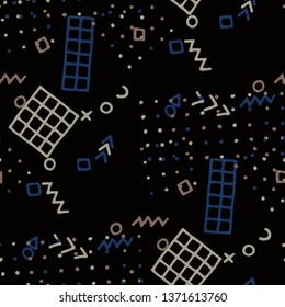Modern Memphis Texture. Seamless Background for Wallpaper, Calico, Fabric in Trendy Style. Colorful Geometric Pattern with Hand Drawn Scribble Elements. Colorful Triangles, Rings, Zigzags and Dots.