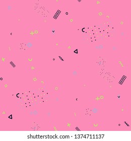 Modern Memphis Texture. Seamless Background for Chintz, Cotton, Swimwear in Trendy Style. Colorful Geometric Pattern with Hand Drawn Scribble Elements. Colorful Triangles, Rings, Zigzags and Dots.