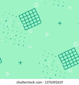 Modern Memphis Texture. Seamless Background for Wallpaper, Calico, Fabric in Trendy Style. Colorful Geometric Pattern with Hand Drawn Scribble Elements. Colorful Triangles, Rings, Zigzags and Dots.