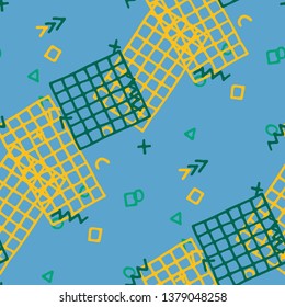 Modern Memphis Texture. Seamless Background for Wallpaper, Print, Textile in Trendy Style. Colorful Geometric Pattern with Hand Drawn Scribble Elements. Colorful Triangles, Rings, Zigzags and Dots.