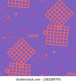 Modern Memphis Texture. Seamless Background for Wallpaper, Calico, Textile in Trendy Style. Colorful Geometric Pattern with Hand Drawn Scribble Elements. Colorful Triangles, Rings, Zigzags and Dots.