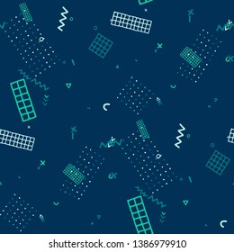 Modern Memphis Texture. Seamless Background for Banner, Poster, Cover in Trendy Style. Colorful Geometric Pattern with Hand Drawn Scribble Elements. Colorful Triangles, Rings, Zigzags and Dots.