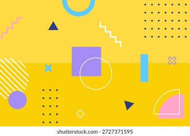 Modern memphis yellow backgrounds with abstract geometric shapes, bright colors, simple patterns, and retro 80s feels. Vector Illustration