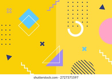 Modern memphis yellow backgrounds with abstract geometric shapes, bright colors, simple patterns, and retro 80s feels. Vector Illustration