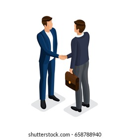 
Modern men businessmen greet each other. A man in isometric 3d in a business suit with a briefcase. Vector illustration