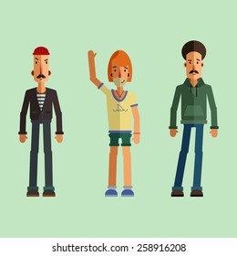 Modern men with different hairstyles and clothing in trendy Flat Style