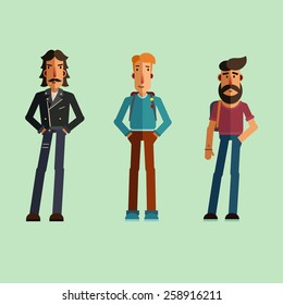 Modern men with different hairstyles and clothing in Trendy Flat Style