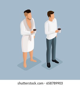 Modern men  the morning going to work in a bathrobe drinking coffee.Businessman drinking coffee in business clothes.Men in isometric 3d in a dressing gown,in a sweater and trousers drink coffee