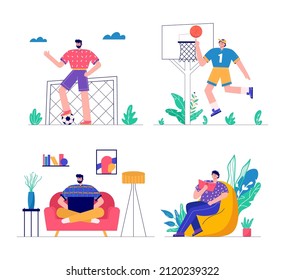 Modern men playing football, basketball, read book, freelancer, gaming. Set of people enjoying their hobbies, work, leisure. Vector illustration in flat cartoon style.