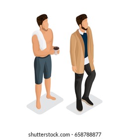 Modern men in shorts after running, drinking coffee. A man in fashionable clothes in a raincoat and trousers. Men in isometric 3d is going to work. Vector illustration