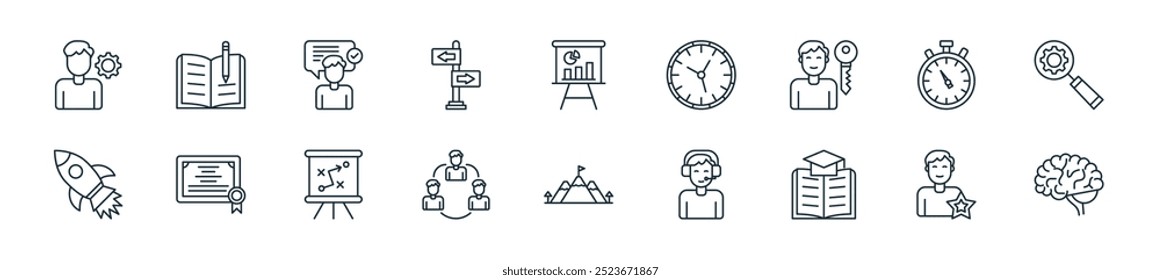 Perfecto para diseños lineales de interfaz de usuario que incluyen Vector cerebral, experiencia, estudio, Servicio al cliente, éxito, trabajo en equipo, estrategia y más iconos para móviles y Web
