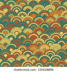 Modern mermaid scales squama background, vector seamless fabric pattern, tiled textile print. Traditional japanese squama scales seamless arc tiles mosaic. Snake skin pattern.