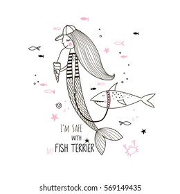 modern mermaid swimming with her fish terrier, doodle kid illustration