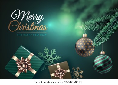 Modern Merry Christmas background with balls and gifts. Happy New Year vector luxury banner design. Season winter. Suitable for print design, postcards, website.