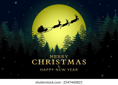 Modern merry christmas background with lightning moon and flying santa claus and deers on the sky, sleigh and nightscape