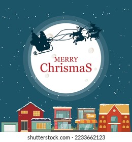 Modern merry christmas background with sleigh and modern town