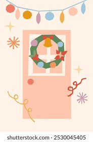 Moderne Merry Christmas Karte Vektorgrafik. Handgezeichnetes festliches Weihnachtsdesign mit Vordertür, Weihnachtskranz und Girlande auf pastellrosa Hintergrund, minimaler geometrischer Stil, Retro-Farbpalette