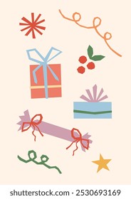Modern Merry Christmas card vector illustration. Hand drawn cute festive xmas design with gift boxes, ribbons and holly berries on pastel pink background, minimal geometric style, retro color palette