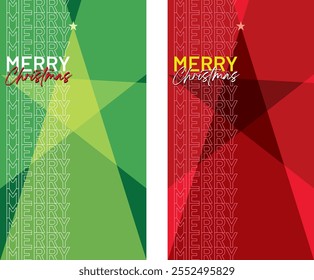 Modern Merry Christmas designs with geometric patterns in festive red and green tones. Perfect for holiday cards, banners, and seasonal decorations. Elegant and cheerful aesthetics!