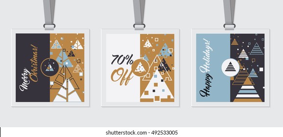 Modern Merry Christmas discount price tags with geometric pine tree pattern illustrations in white, blue, black and golden color hues