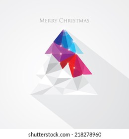 modern merry Christmas greeting card- Christmas tree illustration in low poly style isolated on white background with trendy long shadow effect