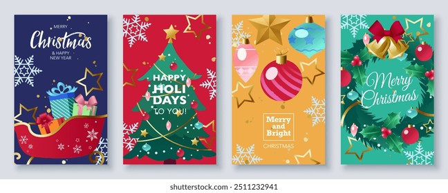 Moderne Frohe Weihnachten und Frohe Feiertage Grußkartenset. mit Typografie und süßen handgezeichneten festlichen Ornamenten, Schneeflocke, Baum, Geschenken. Vektorgrafik für digitale Medien und gedruckte Medien