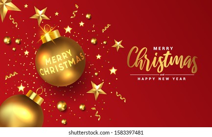 Modern Merry Christmas and Happy New Year greeting card design, winter design with golden ornaments on festive red background. Vector Illustration