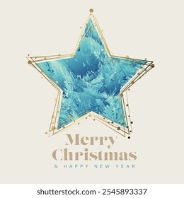 Modern Merry Christmas and Happy New Year card with abstract blue illustration in big golden star shape with circle dots on light background. 
