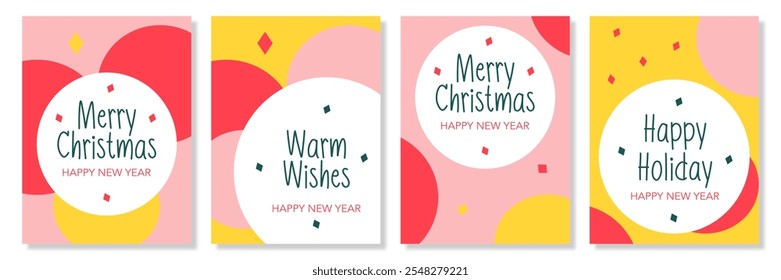 Modern Merry Christmas and Happy New Year greeting card set. Trendy Xmas design with snow, circle shaped, typography, colorful background. Minimal geometric art poster, cover, template, social media.
