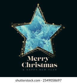 Modern Merry Christmas and Happy New Year card with abstract blue illustration in big golden star shape with circle dots on dark blue background. 