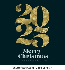 Modern Merry Christmas and Happy New Year card with abstract golden illustration in big year numbers on dark blue background. 