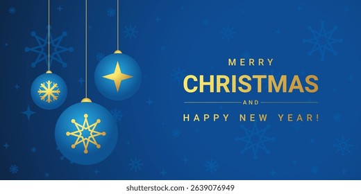 Modern Merry Christmas and Happy New Year greeting card with blue hanging ornament ball decorations on a blue background, festive winter holiday season template design