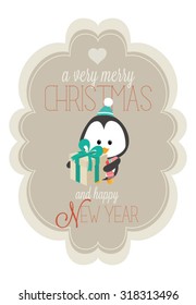 Modern Merry Christmas and  New Year greeting Card with Typography. Cute Christmas character