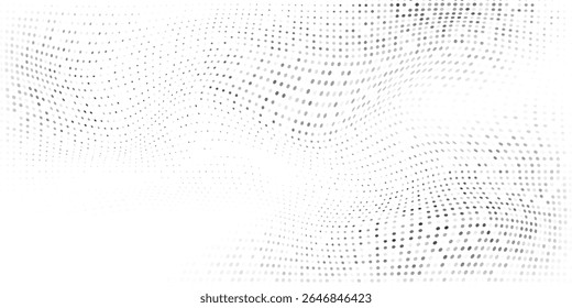 Textura de gradiente de meio-tom de malha moderna. Plano de fundo de ponto de polca de fuga. Projeto abstrato de vetor de padrão de gradação de pontos repetitivos