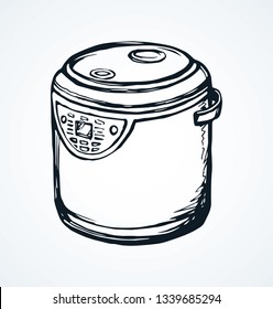Modern metal mix cookery baker pot device on white space for text. Freehand outline black ink hand drawn healthy make toast bun loaf oven tool cup object logo in art doodle cartoon style. Closeup view