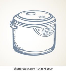 Modern metal mix cookery baker pot device on white space for text. Freehand outline black ink hand drawn healthy make toast bun loaf oven tool cup object logo in art doodle cartoon style. Closeup view