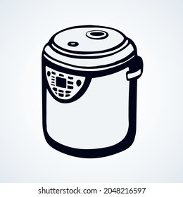 Modern metal mix cookery baker pot device on white space for text. Freehand outline black ink hand drawn healthy make toast bun loaf oven tool cup object logo in art doodle cartoon style. Closeup view