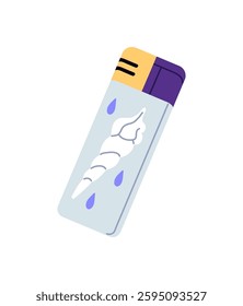 Modern metal or plastic fluid lighter. Design of equipment for burning cigarette. Smoking tool with cute pattern, print. Gas accessory to fire. Flat isolated vector illustration on white background