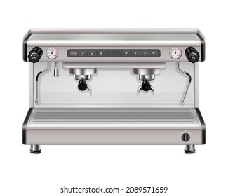 Modern metal professional coffee machine on two cups front view realistic 3d rendering isolated on white background. Espresso cappuccino coffee maker steam frothing machine