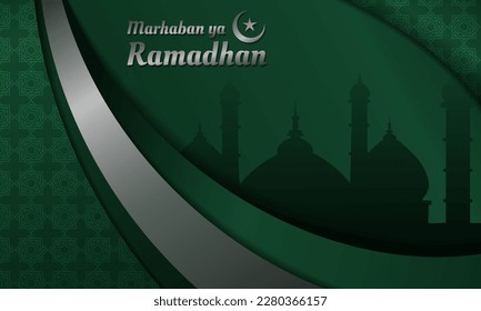 Modern metal style background for greeting Marhaban ya Ramadhan which means Welcome Ramadhan
