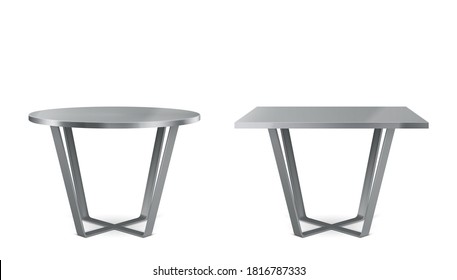 Modern metal tables with round and square top. Vector realistic set of cocktail, coffee or dining steel table with cross legs, chrome furniture for kitchen or cafe isolated on white background